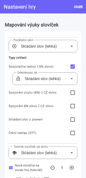 Postup slovní zásobou ve StudyLocku bez osobních a diagnostických údajů